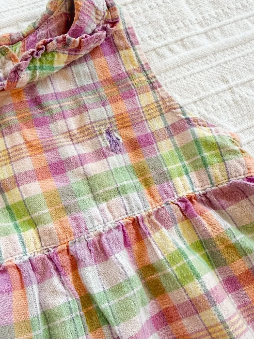 Vintage Ralph Lauren 100% Cotton Baby Girl Plaid Romper Peter Pan Collar Bubble